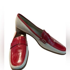 Brooks Brothers Beige Twill and Red Leather Classic Slip-On Hand Made Loafers